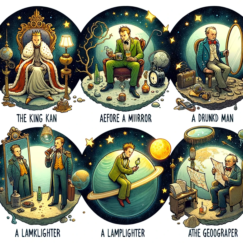DALL·E 2023-11-18 21.14.43 - A series of planets, each showcasing a unique inhabitant_ a king on an empty throne, a vain man before a mirror, a drunkard with a bottle, a businessm.png