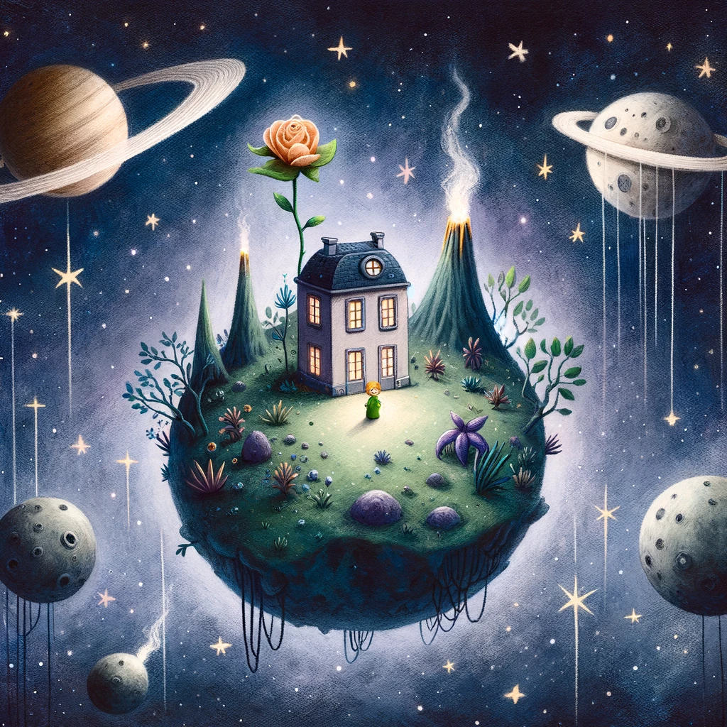 DALL·E 2023-11-18 21.14.48 - A whimsical cosmic scene showing a tiny planet barely larger than a house, floating in space. This planet, home to the Little Prince, features three s.png