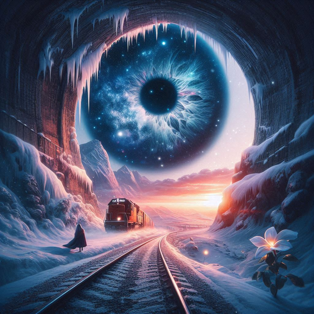 A tunnel at the border with a broken eye, a night sky deeper than the eye, and a beauty like a flower blooming in the snow..png