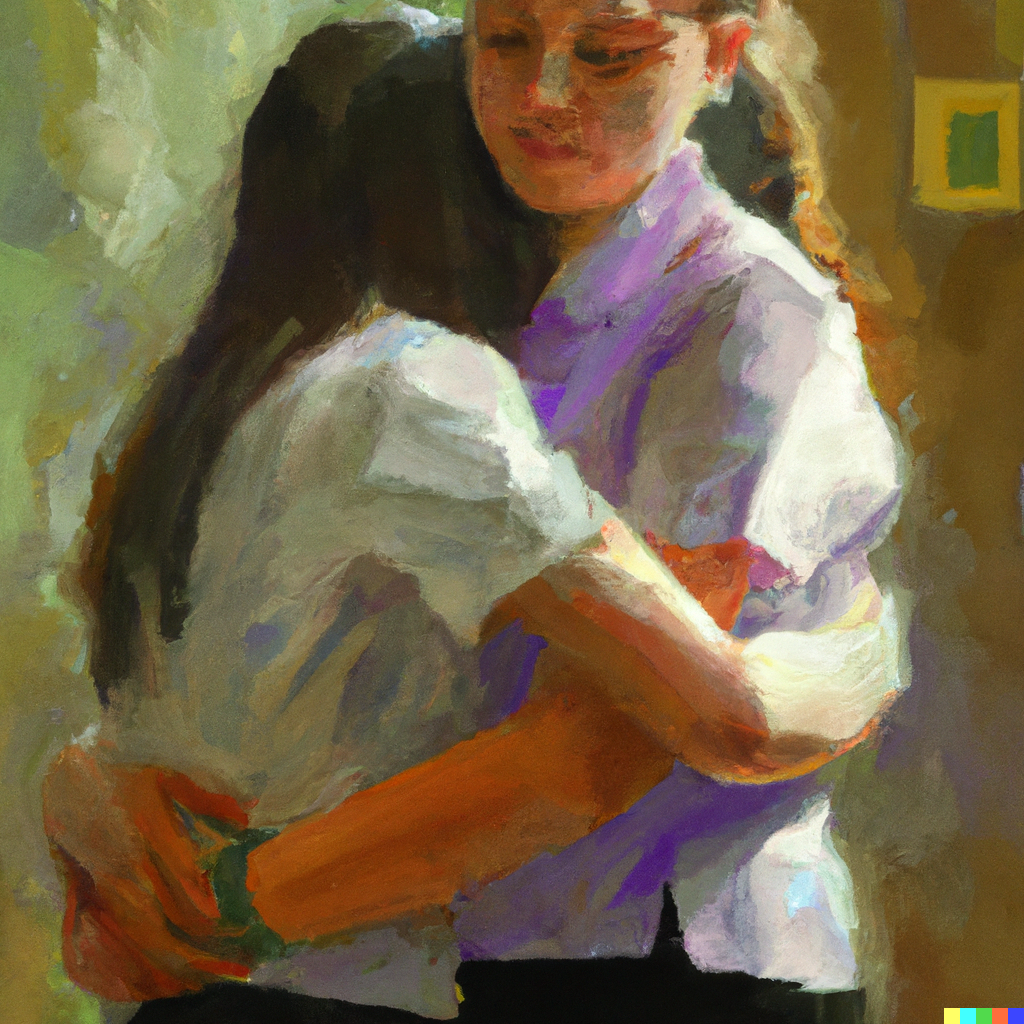 DALL·E 2023-05-10 20.30.41 - A female teacher is hugging a teen ager female student, oil painting.png