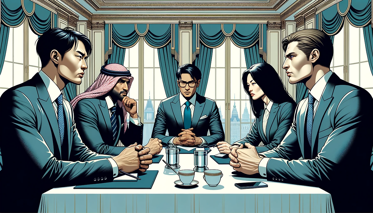 DALL·E 2023-10-26 15.25.06 - Illustration of a grand hotel meeting room where four professionals, each representing different ethnicities (Asian, Arabic, Korean, and European), ar.png