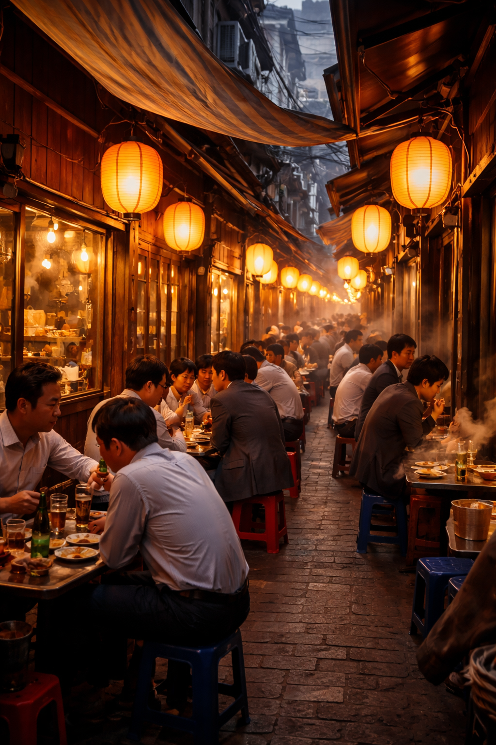 오래된 술집 골목의 저녁 풍경.png