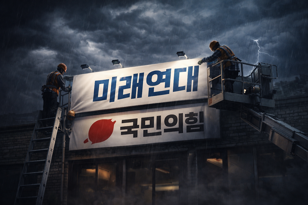 3 간판은 바뀌지만 노선은 당명 교체와 보수 재편의 불확실성을 담은 상징적 장면.png