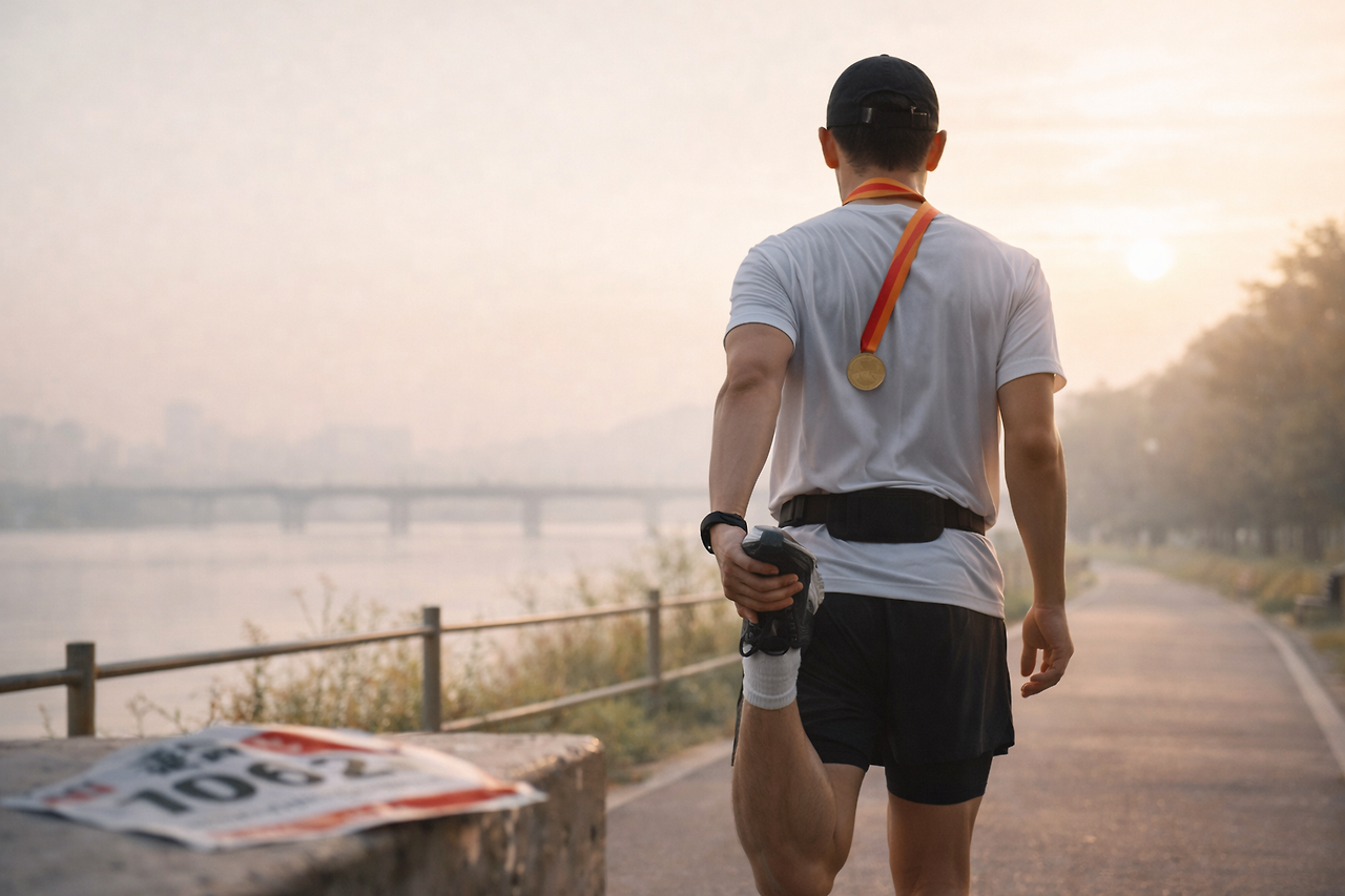 아침에 레이스 후 스트레칭하는 주자.png