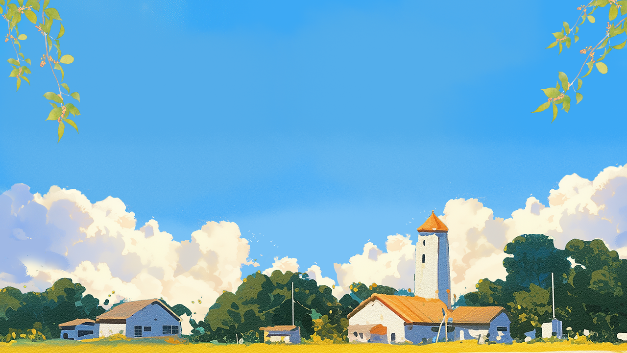 Blue and White Illustrated Village Scenery Desktop Wallpaper.png