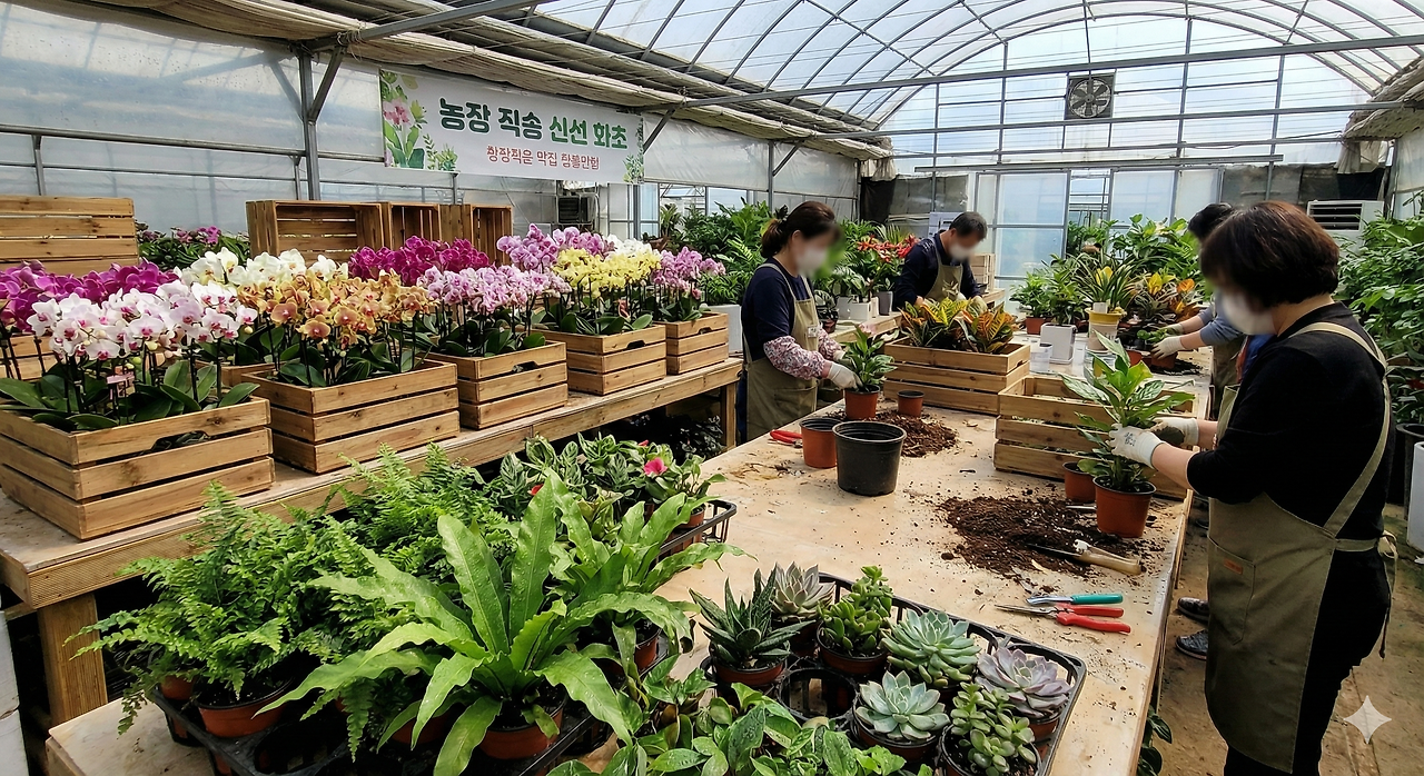 기버 농장에서 갓 공수해온 신선한 난과 화초들이 준비되어 있는 제작 현장.png
