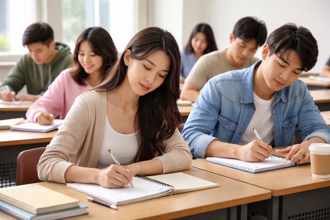 대학 강의실에서 집중하는 학생들.png