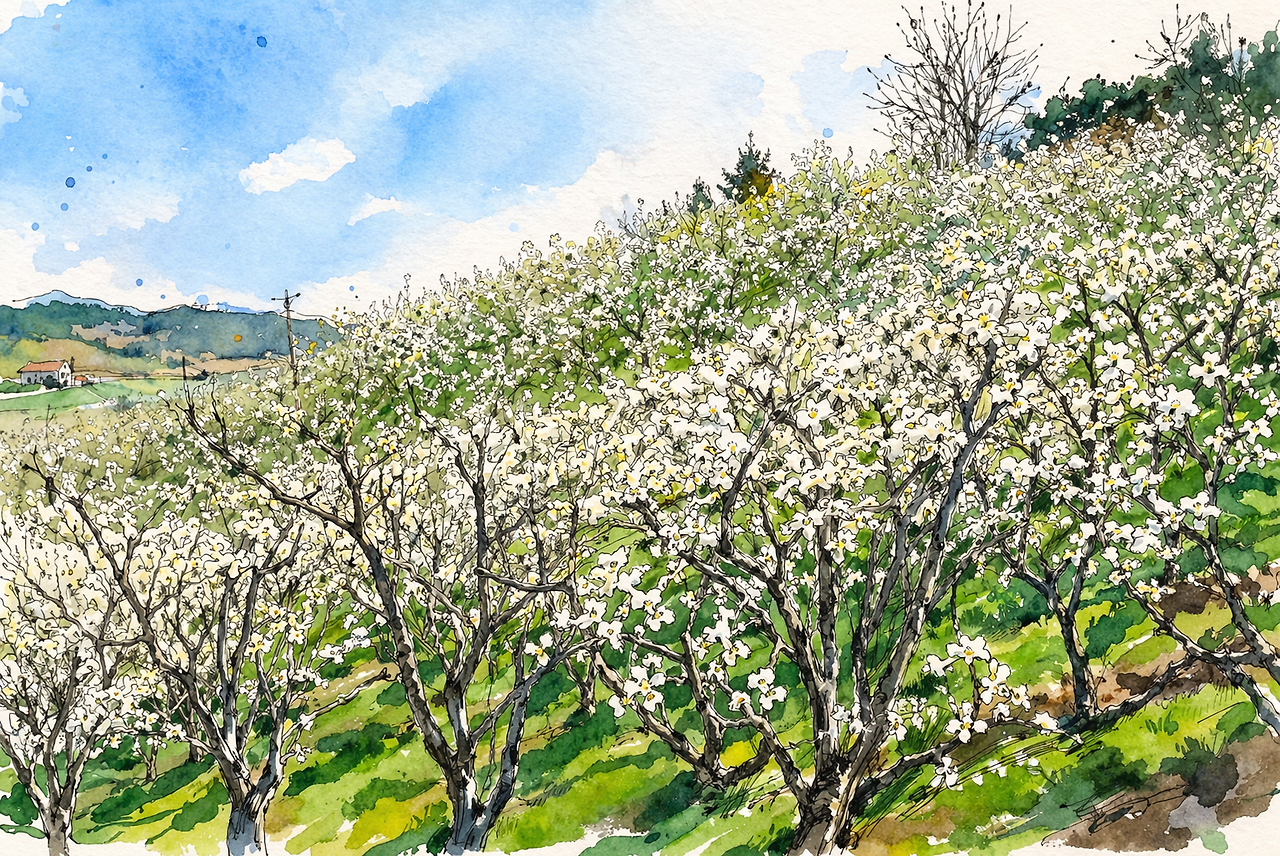 봄날의 배나무 꽃밭.png