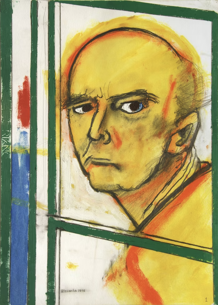 (1996) Self Portrait (with Easel Yellow and Green), 1996, oil and pencil on paper, 46 x 35 cm.png