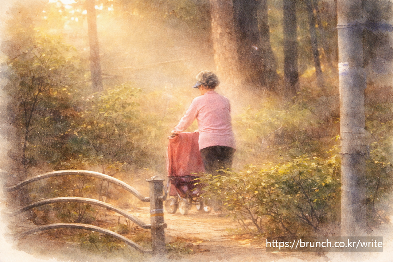 따스한 숲길을 걷는 노년의 여성.png