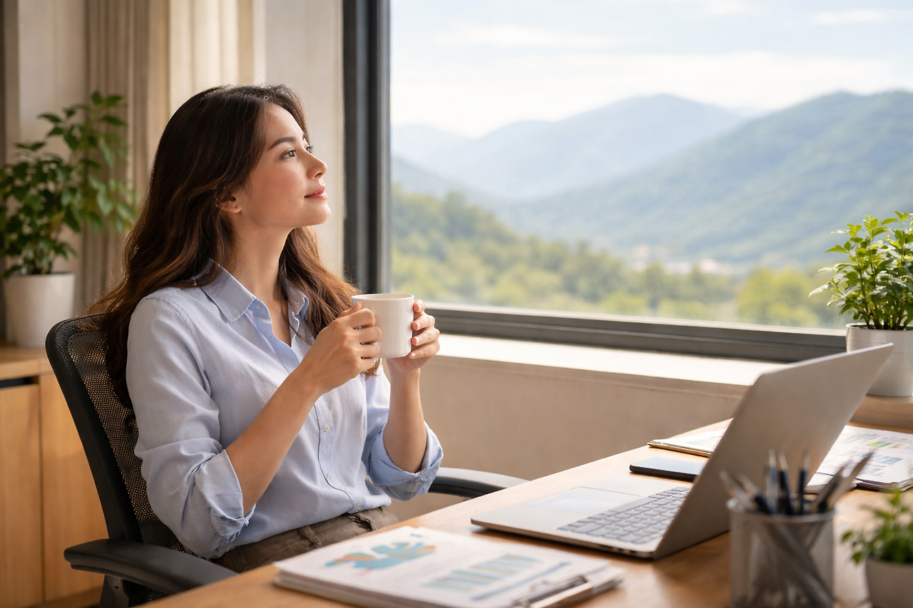 사무실에서 휴식을 취하는 여성.png