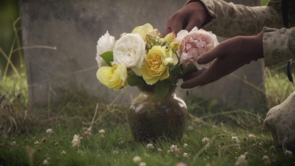 Return to Cranford, Peggy Bell puts flowers on her father's grave.JPG