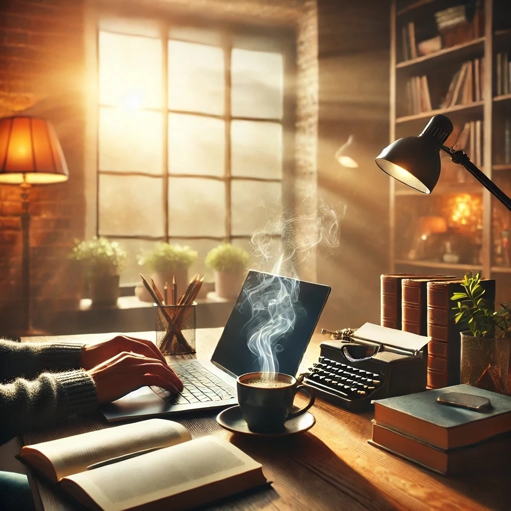 DALL·E 2025-01-08 09.42.50 - An inspiring image of a person sitting at a cozy desk, typing on a laptop, surrounded by books and a steaming cup of coffee. The setting includes a br.jpeg