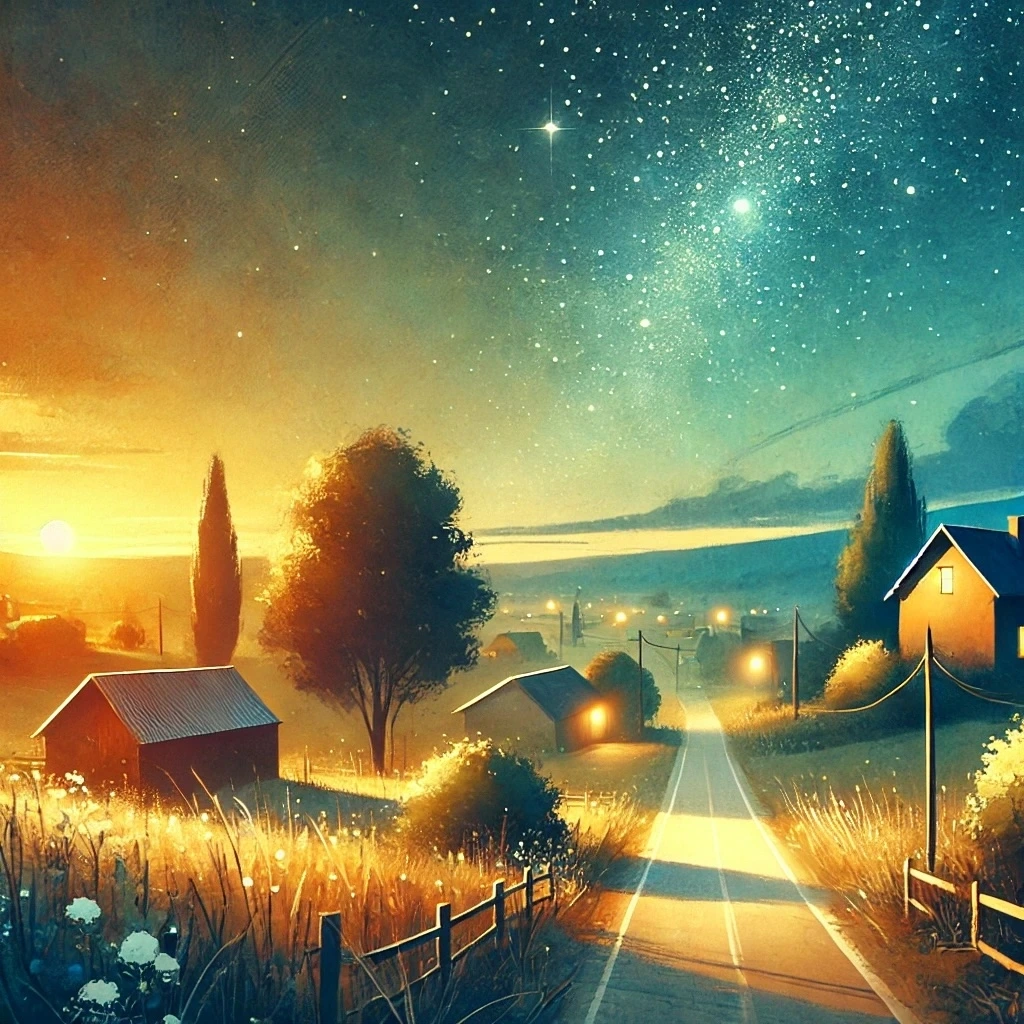 DALL·E 2025-01-16 07.05.05 - An artistic and warm illustration capturing the excitement of heading to the countryside on a Friday night. The scene features a peaceful rural landsc.jpeg