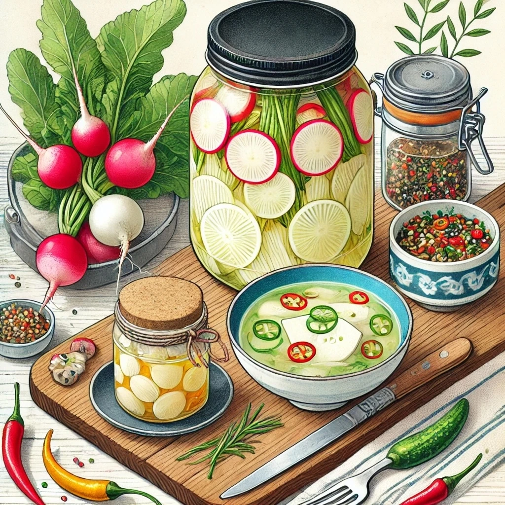 DALL·E 2025-01-12 13.09.56 - A creative and inviting illustration for a recipe blog featuring pickled and fermented dishes. The image includes a vibrant jar of pickled radish (whi.jpeg