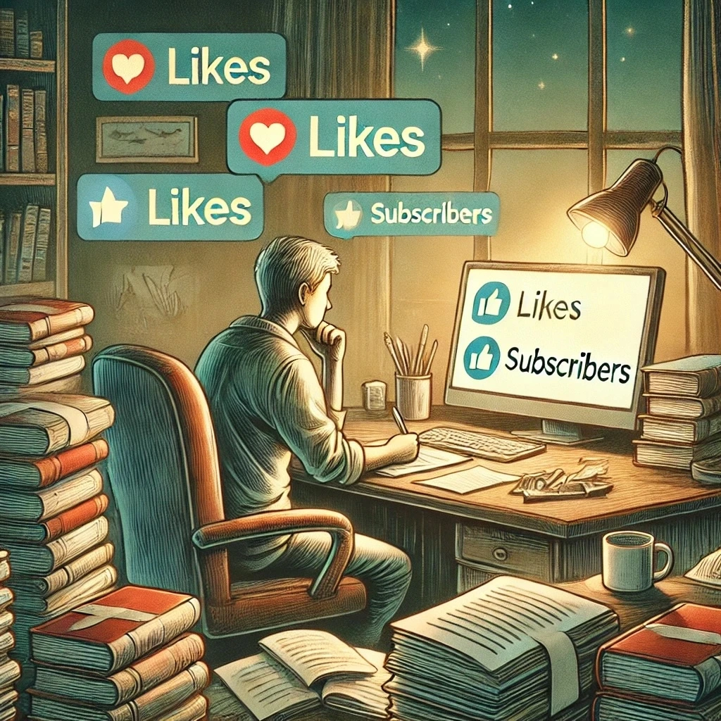 DALL·E 2025-03-06 06.32.48 - A thoughtful and artistic illustration depicting a person writing diligently at a desk, surrounded by stacks of notes and a computer. Despite having f.jpeg