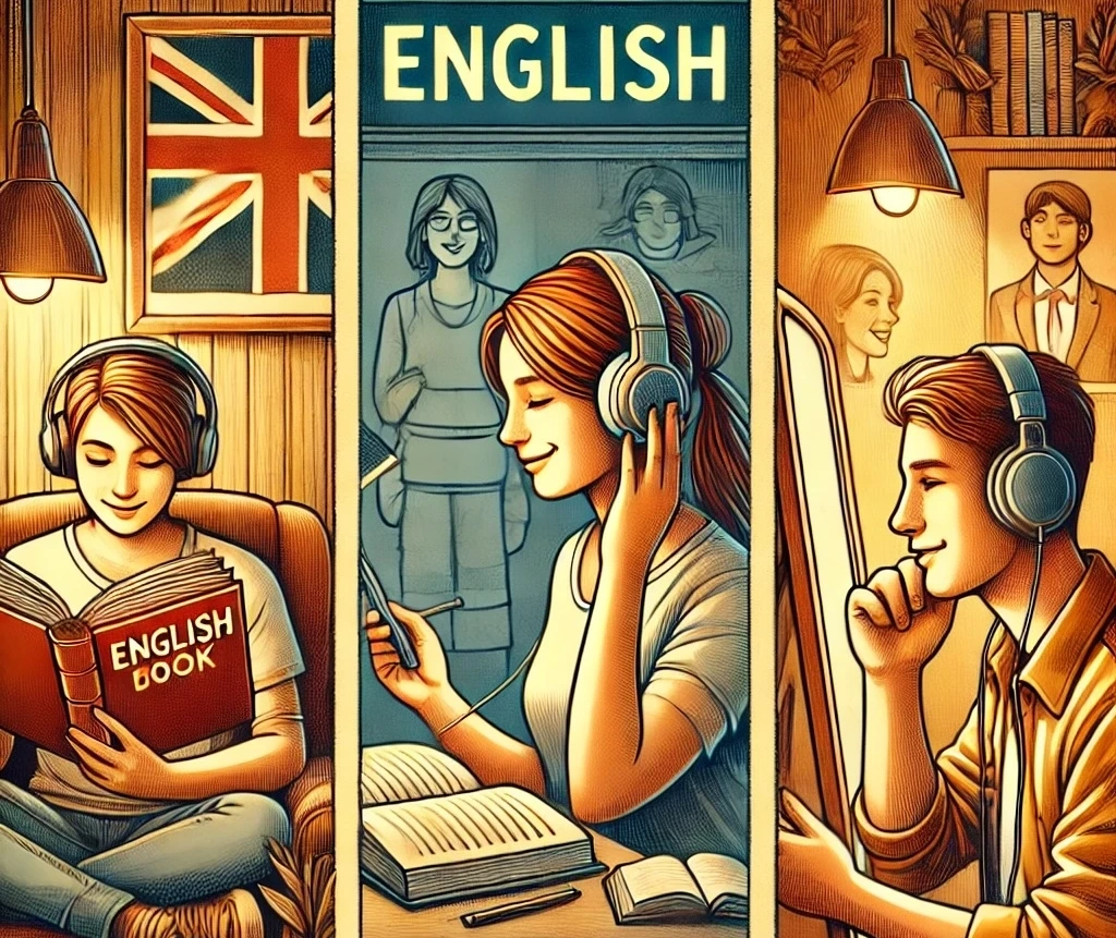 DALL·E 2025-02-21 08.10.20 - An artistic and inspiring illustration depicting three different ways to study English. The image shows a person reading an English book, another pers.jpeg