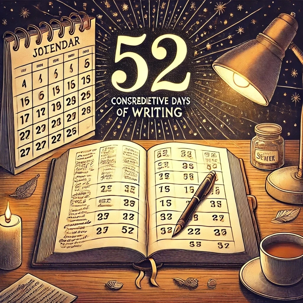 DALL·E 2025-01-23 06.58.20 - A symbolic illustration celebrating 52 consecutive days of writing. The artwork shows a journal open on a wooden desk with pages filled with handwritt.jpeg