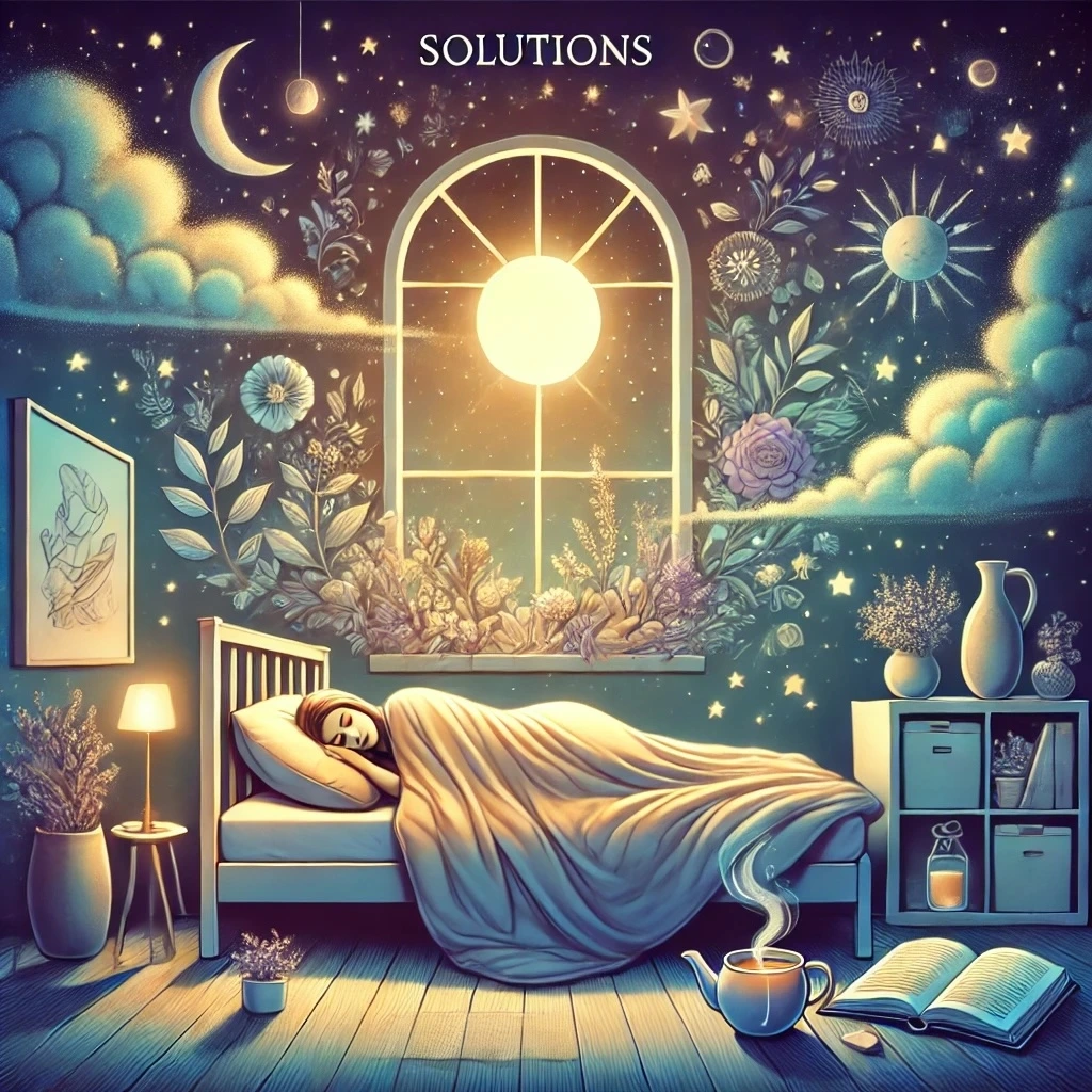 DALL·E 2025-01-14 07.09.25 - A calming and artistic illustration symbolizing solutions to insomnia. The scene shows a cozy bedroom at night with soft moonlight streaming through a.jpeg