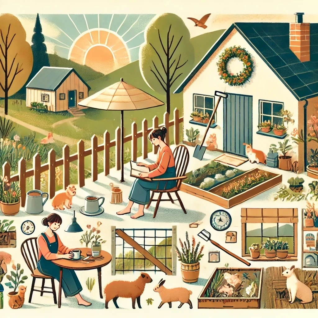 DALL·E 2025-03-07 07.26.03 - A peaceful and scenic illustration depicting a person enjoying life in a rural village. The scene includes activities like gardening, reading on a por.jpeg