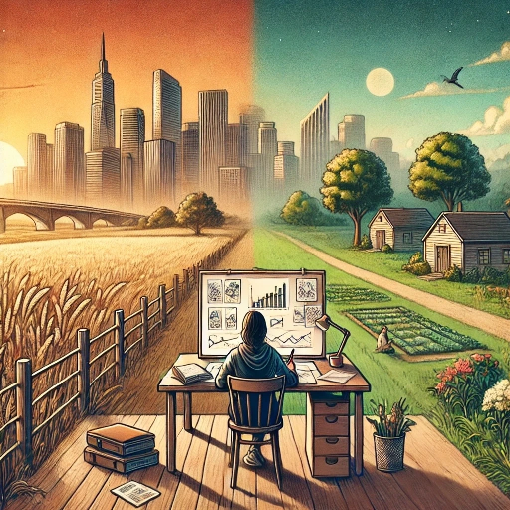 DALL·E 2025-01-13 21.56.29 - A motivational and artistic illustration featuring a person planning their future goals in a tranquil rural and urban setting. The scene shows a balan.jpeg