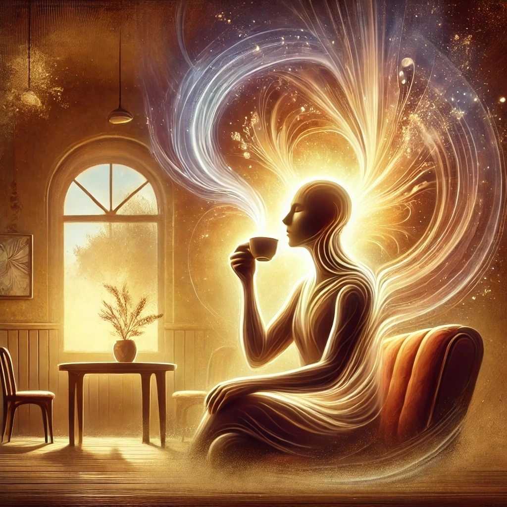 DALL·E 2025-01-25 07.45.33 - A serene and artistic illustration of a person gaining superpowers from drinking coffee. The person has an energized aura and heightened senses, with .jpeg