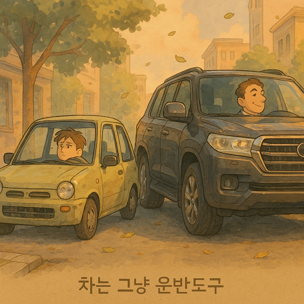 A Ghibli-style illustration showing a small, modest car parked next to a large, luxurious SUV. The s.jpeg