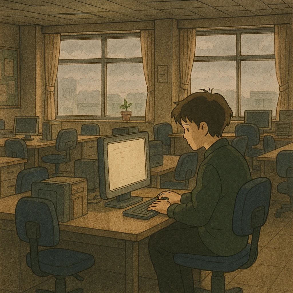 A quiet, empty office space in soft morning light, illustrated in Studio Ghibli style. One desk is o.jpeg