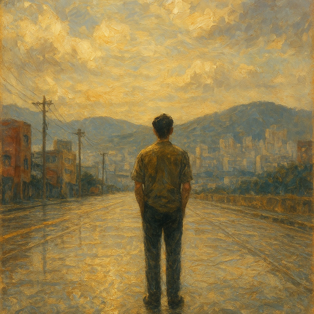 An oil painting-style image representing the end of a short monsoon season in South Korea. The scene.jpeg