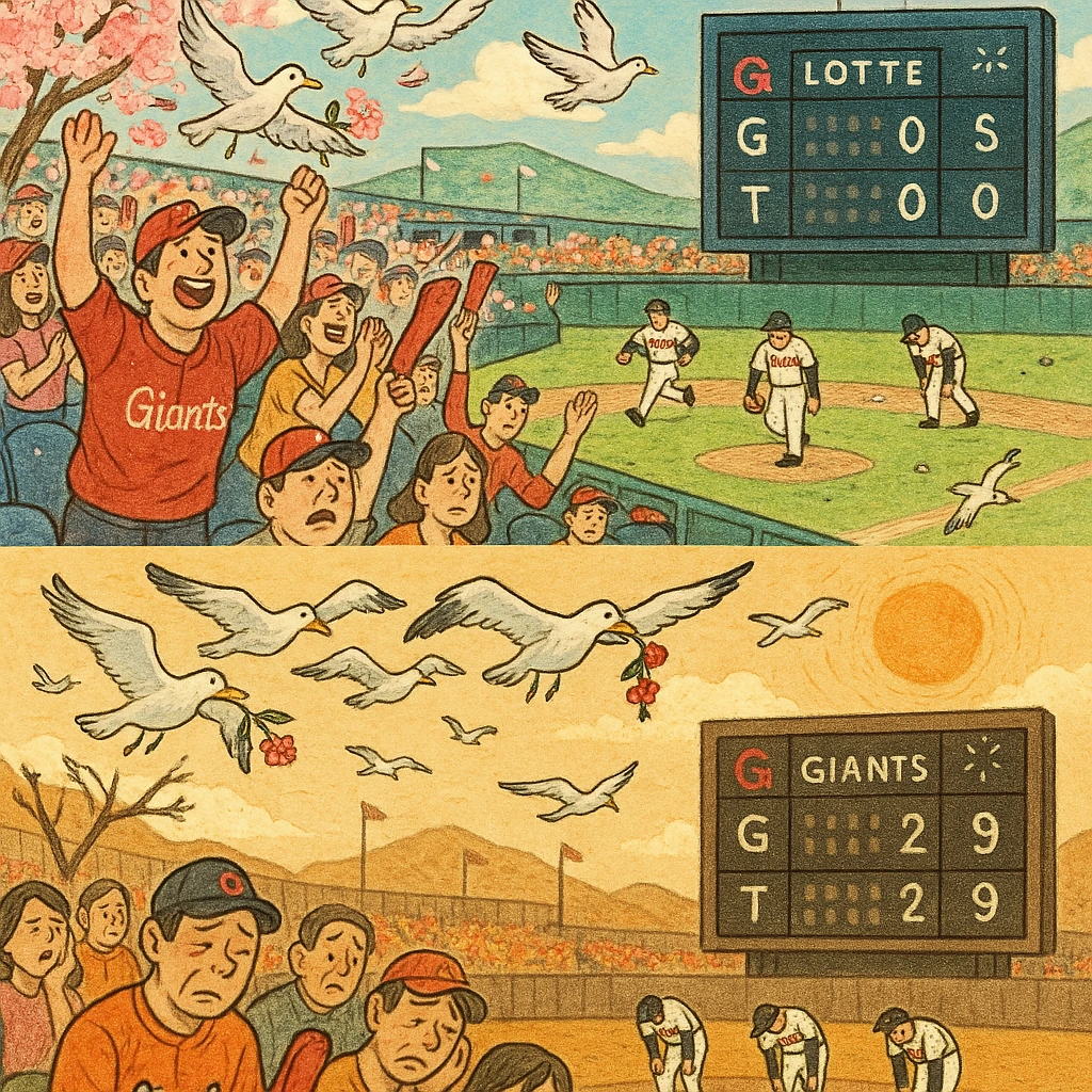 A poetic and humorous illustration of a baseball season featuring the Lotte Giants. The image shows .jpeg