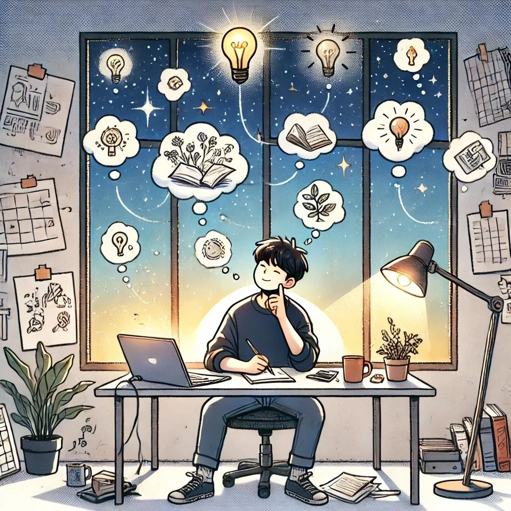 DALL·E 2024-09-29 00.04.53 - A Korean webtoon style illustration featuring a character sitting at a desk, deep in thought with papers and sketches scattered around. The character .jpeg