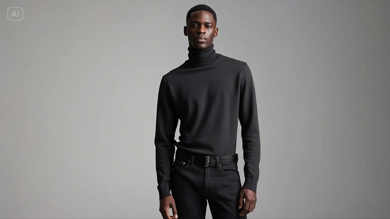 a professional black male model wearing charcoal color luxurious turtle neck and nice quality jeans.....jpeg