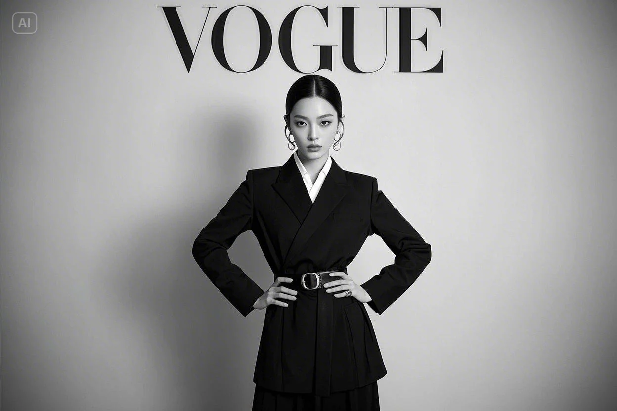 Vogue cover of full body photo of young Korean female idol in minimalistic black suit and grey moder... (2).jpeg