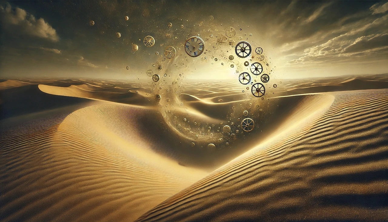 DALL·E 2025-03-04 00.10.19 - A surreal depiction of time distortion in a vast desert. The sand swirls unnaturally, forming spirals and floating mid-air as if defying gravity. Fain.jpeg