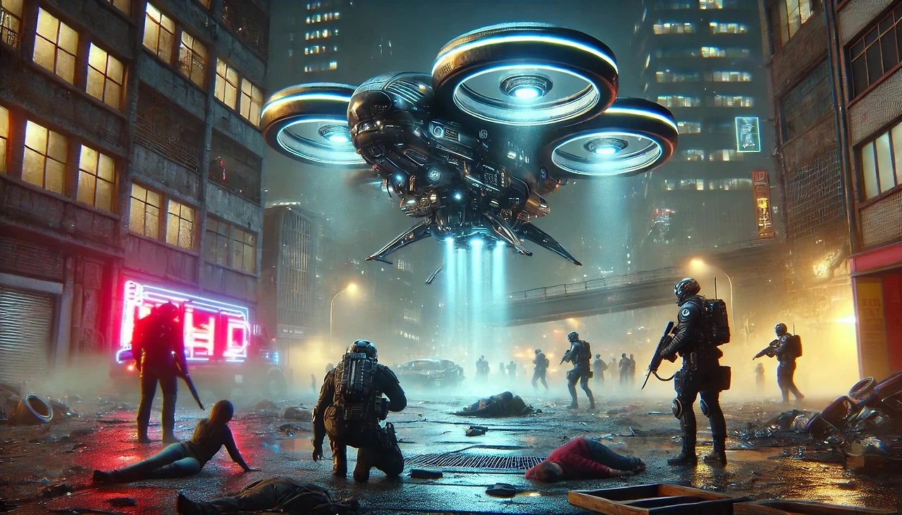 DALL·E 2025-02-27 00.40.30 - A futuristic cyberpunk city at night with bright neon lights. The scene is chaotic, with civilians reacting to an unseen event. The cityscape is a mix.jpeg