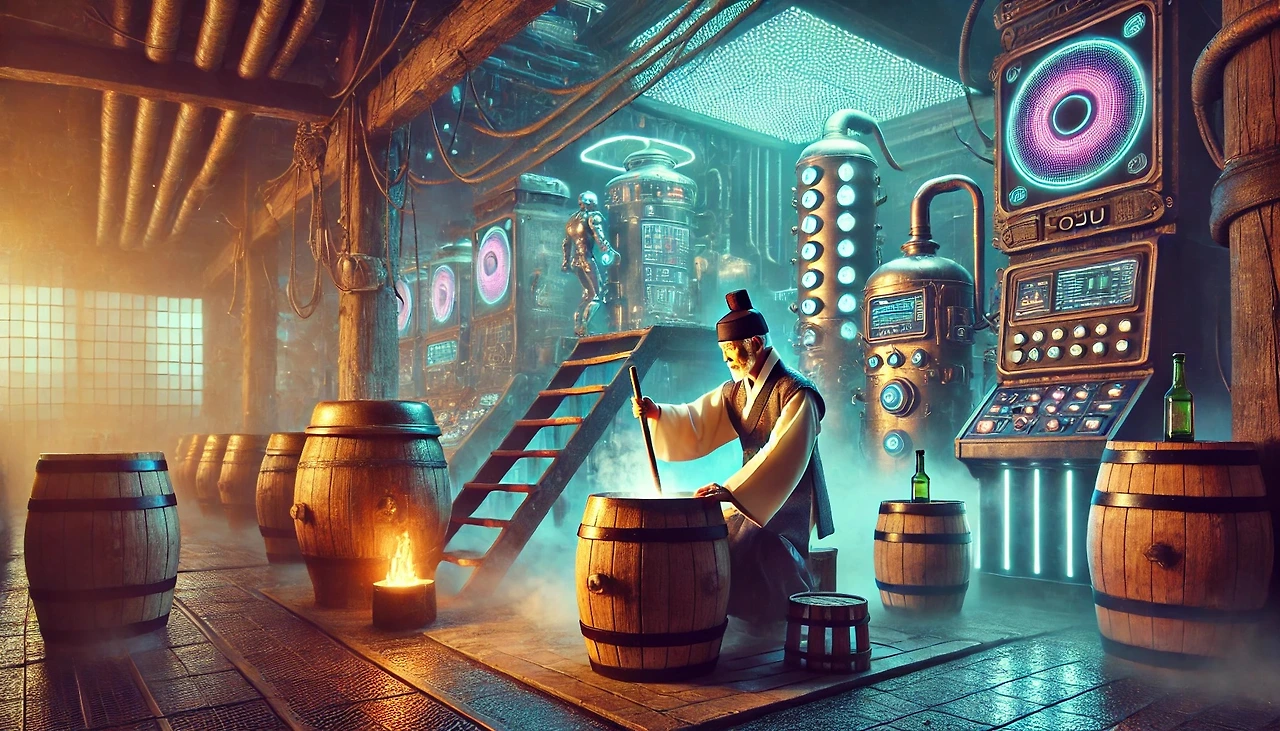 DALL·E 2025-03-02 12.34.36 - A cyberpunk distillery where a traditional Korean master brewer is crafting soju in an old wooden vat. The brewery combines neon-lit futuristic machin.jpeg