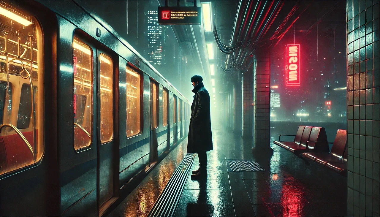 DALL·E 2025-02-26 19.50.03 - A cyberpunk-style subway station at night, with dim flickering lights and neon signs replaced by abstract geometric shapes. A worker in a long coat st.jpeg