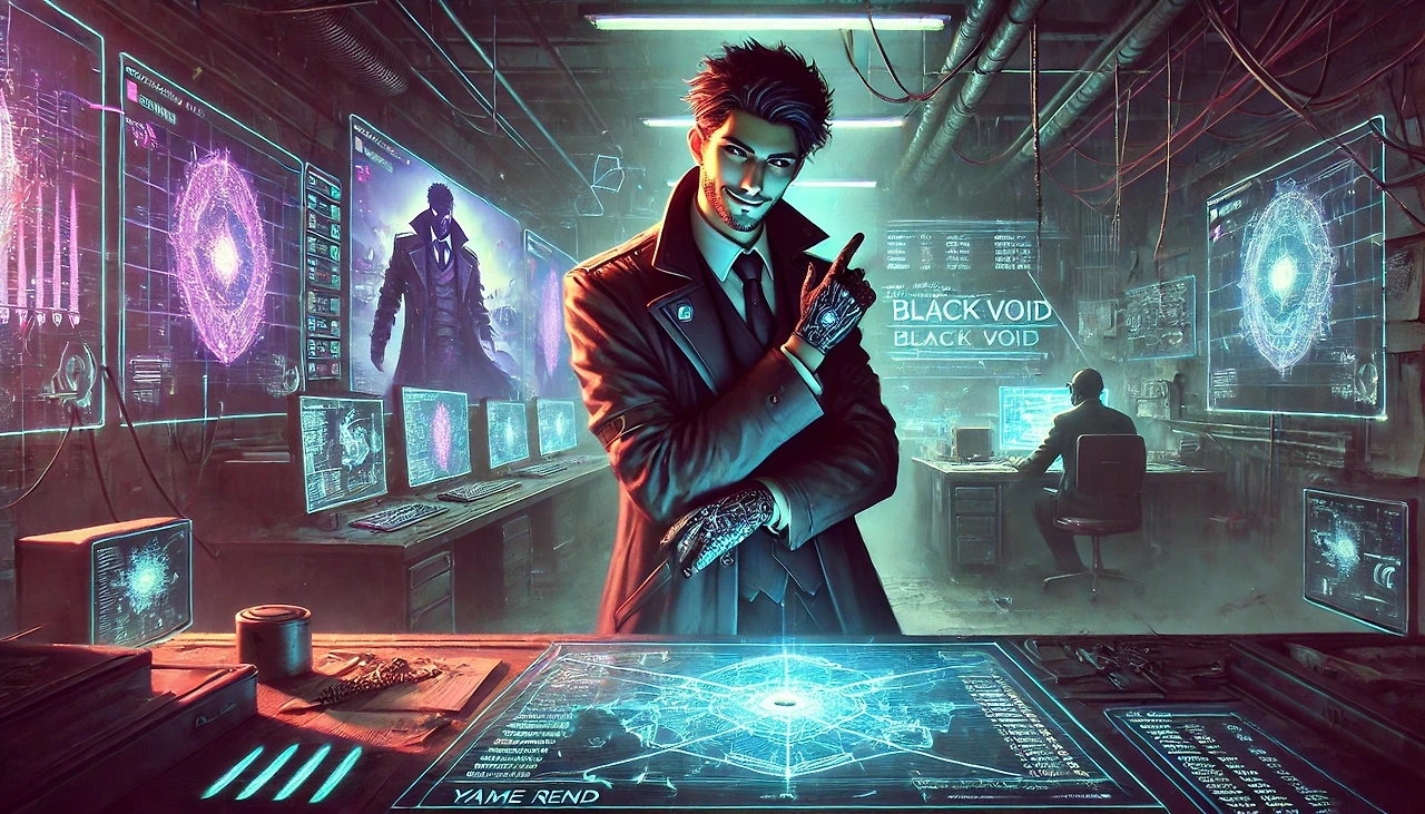 DALL·E 2025-02-15 03.08.36 - A cyberpunk-style illustration centered on Yame Rend, a mysterious and calculating broker. He stands in a dimly lit, industrial hideout, leaning again.jpeg