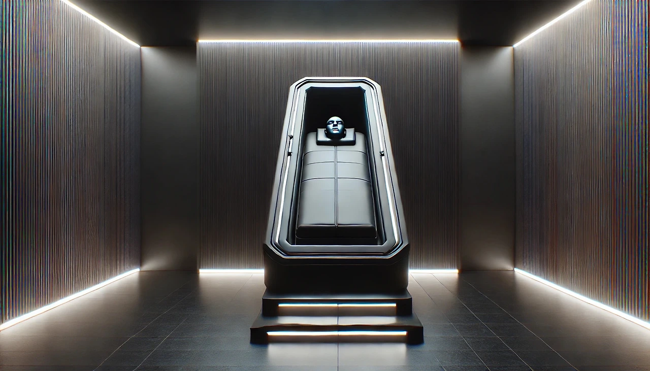 DALL·E 2025-02-22 11.50.45 - A futuristic, high-tech coffin-shaped immersion pod in a dimly lit room. The pod has a sleek, utilitarian design, seamlessly integrated into the dark,.jpeg
