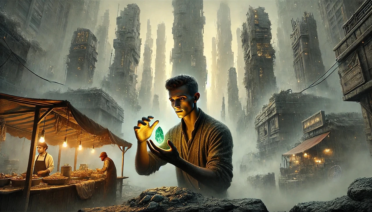 DALL·E 2025-03-03 18.25.17 - A futuristic cityscape covered in gray limestone dust with towering stone buildings. In the foreground, a young man with dirt-stained hands, tall with.jpeg