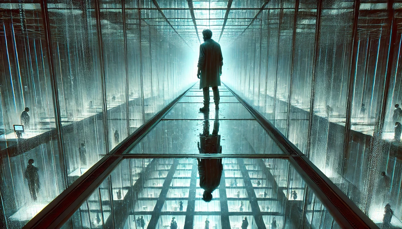 DALL·E 2025-02-20 10.21.52 - A dystopian sci-fi scene where a man named Leon stands on a transparent skyway, looking down at an endless grid of partitioned rooms below. His silhou.jpeg
