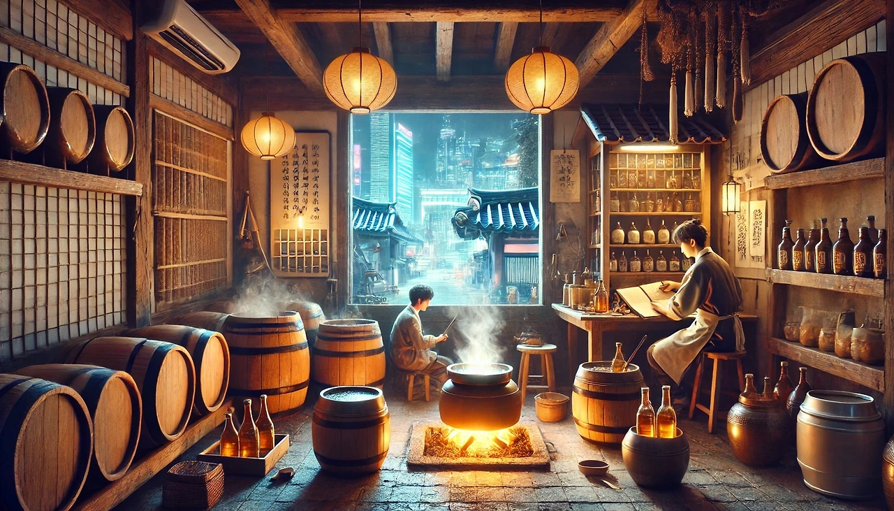 DALL·E 2025-03-02 12.34.03 - A small traditional brewery workshop where young artisans are studying an old brewing journal and crafting traditional Korean liquor. The room is fill.jpeg