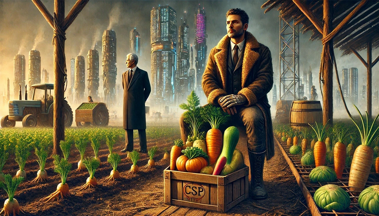 DALL·E 2025-03-08 06.27.08 - A dystopian futuristic farm illustration suitable for a book. The composition is painterly and detailed. In the foreground, a determined farmer in a r.jpeg