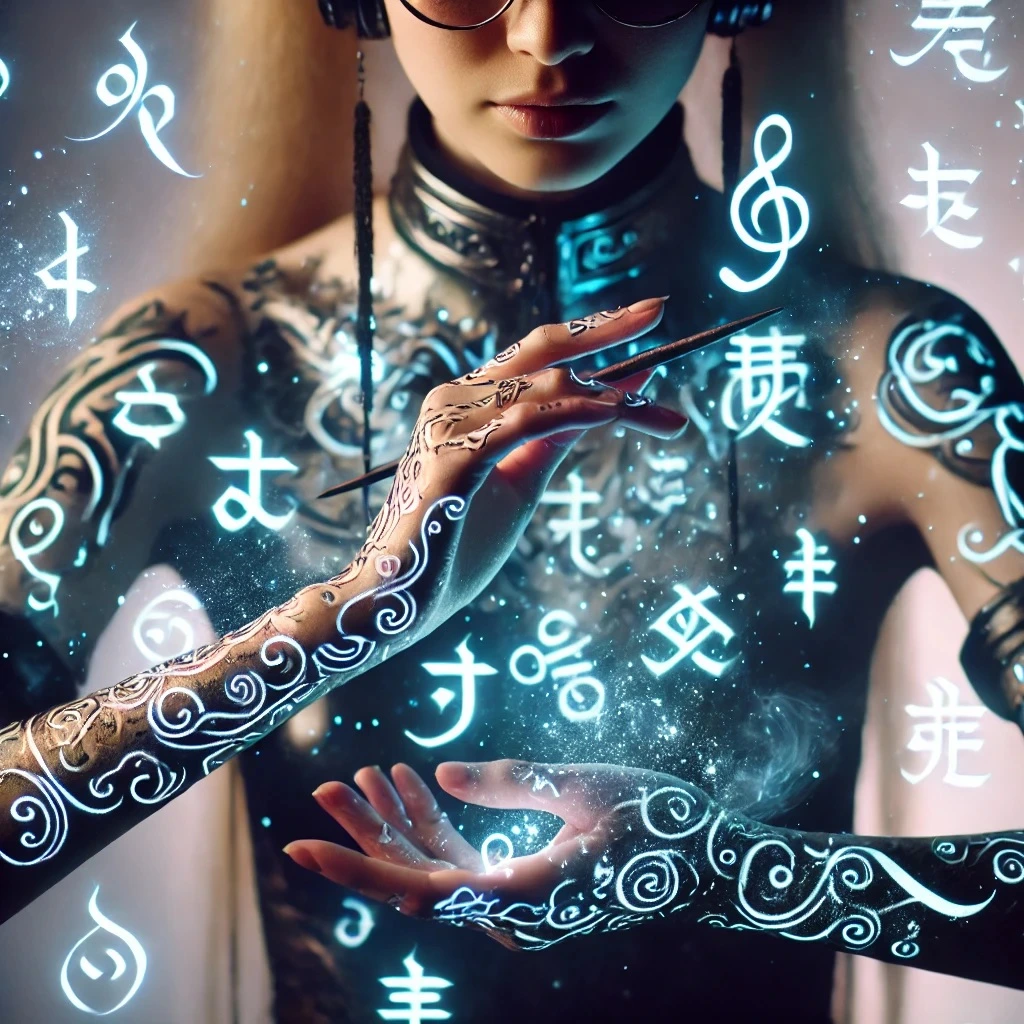 DALL·E 2025-03-10 20.55.38 - A cyberpunk-inspired woman with intricate glowing calligraphy tattoos covering her skin. The luminous symbols flow like ink across her arms and hands,.jpeg