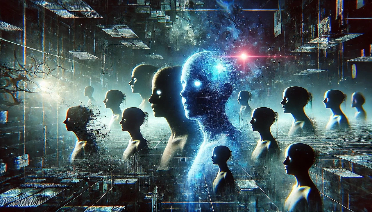 DALL·E 2025-03-13 19.20.25 - A surreal cyberpunk scene where multiple shadowy silhouettes of Minseo appear in a dark, dimensional void. The silhouettes are slightly distorted, as .jpeg