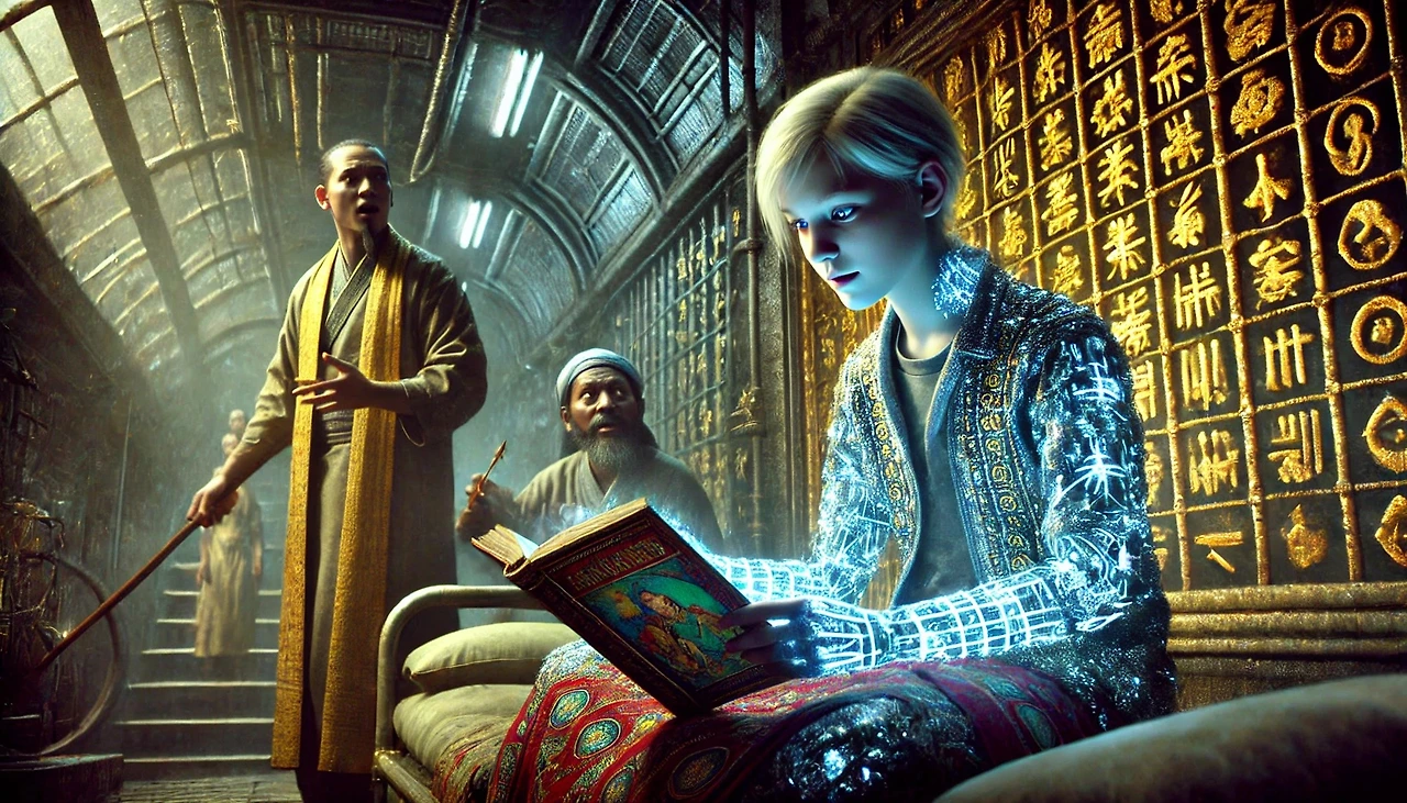 DALL·E 2025-03-03 18.25.21 - A dimly lit underground chamber with metallic walls and glowing inscriptions. A teenage girl with pale skin and large eyes sits on a bed, her arms and.jpeg