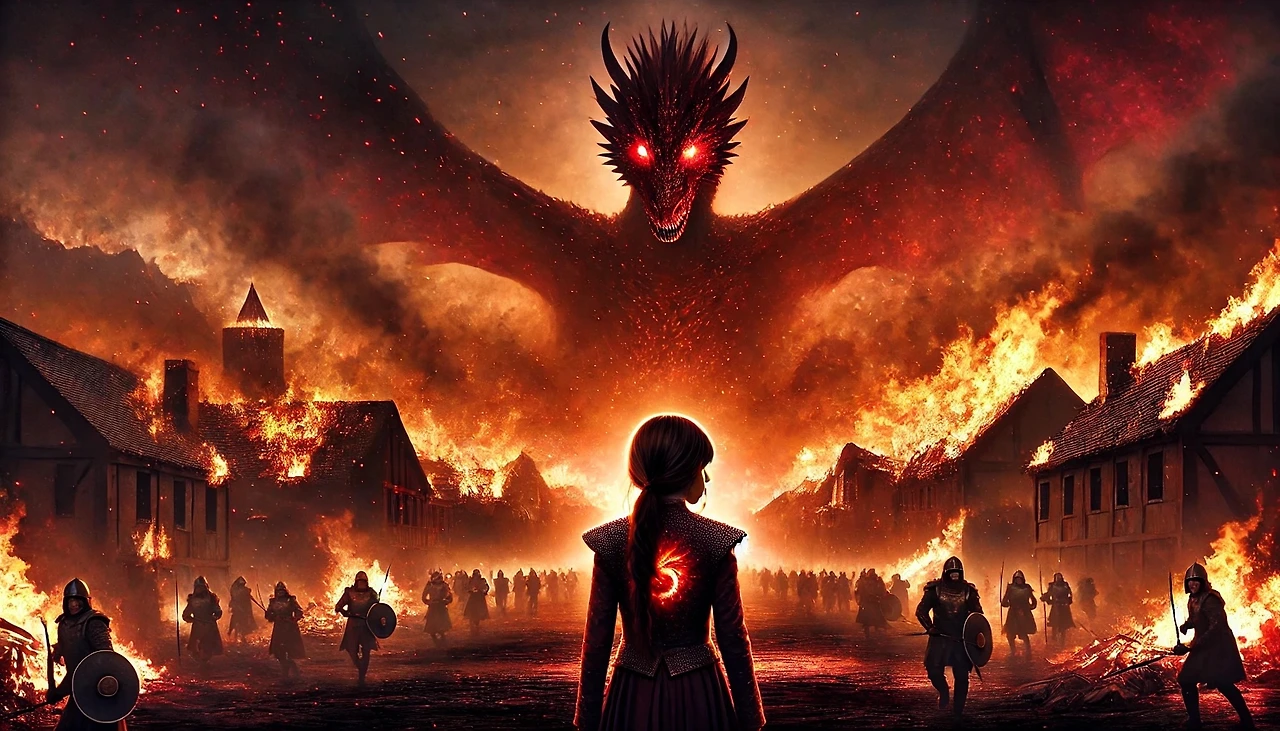 DALL·E 2025-03-06 13.19.01 - A cinematic landscape of a burning village at dawn, where a young girl with fiery red eyes and a glowing dragon-shaped mark on her wrist stands defian.jpeg