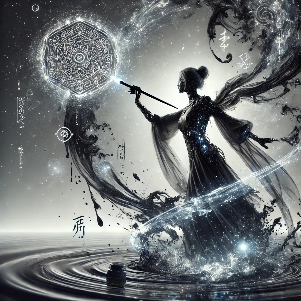 DALL·E 2025-03-10 20.53.02 - A mystical cyberpunk-inspired woman dances in an infinite black ink ocean. She wields a calligraphy brush, painting glowing ancient symbols in the air.jpeg