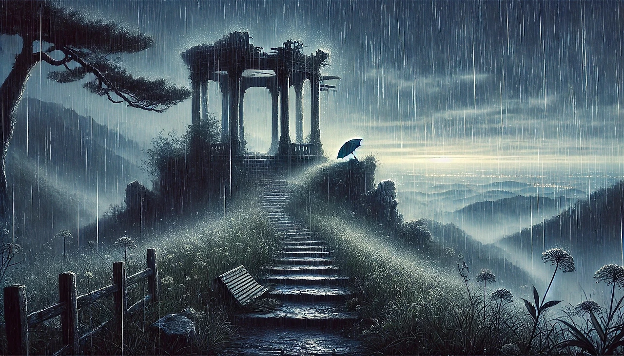 DALL·E 2025-02-26 16.48.14 - A melancholic, cinematic illustration depicting a rain-soaked ruins on a misty hill, inspired by the story _사라진 계절._ The atmosphere is heavy with long.jpeg
