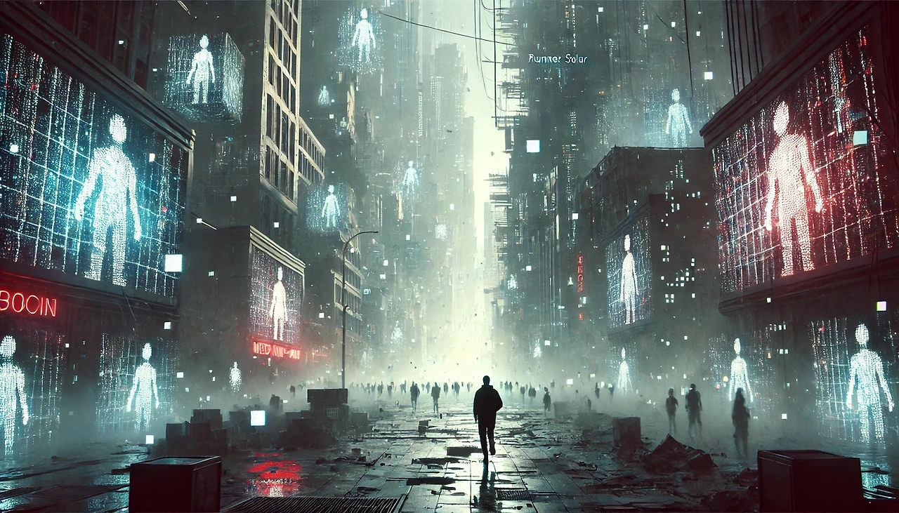 DALL·E 2025-03-04 08.38.05 - A cyberpunk city in ruins, known as Megacity-47. The environment is covered in digital fog, with pixelated buildings collapsing and floating data frag.jpeg